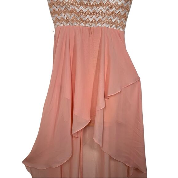 Celavie Peach Strapless High Low Cocktail Dress Size L Chiffon Chevron Print USA - Picture 11 of 11